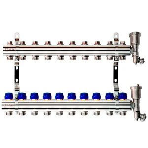 Коллектор Ридан на 10 выходов 1"x3/4" с кронштейнами и воздухоотводчиками латунь