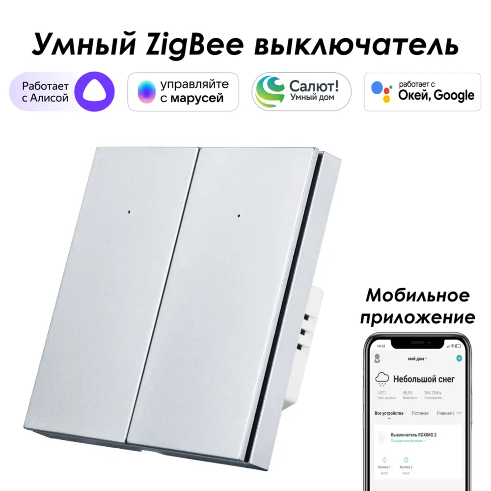 Умный Zigbee выключатель встраиваемый Roximo 100 SZBTN01-2P 2 клавиши цвет платиновый