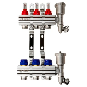 Коллектор Ридан на 3 выхода 1"x3/4" расходомерами кронштейнами и воздухоотводчиками латунь