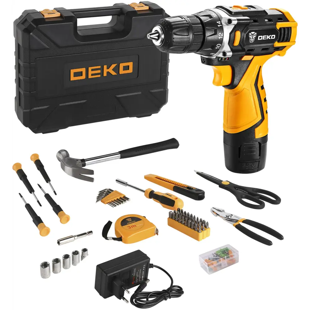 Дрель-шуруповерт аккумуляторная Deko DKCD12FU 12 В Li-ion 1x1.5 Ач и набор инструментов, 104 предмета STLM-2148957