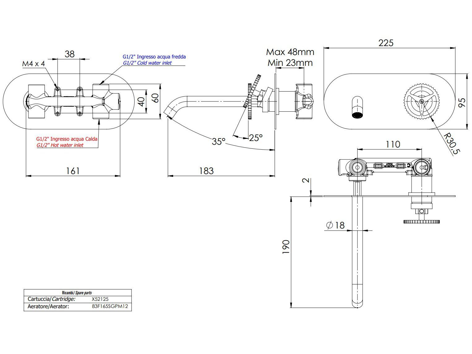 Однорычажный настенный смеситель для раковины с пластиной Remer Rubinetterie Chrono ARCH-00064127 - Вид №1