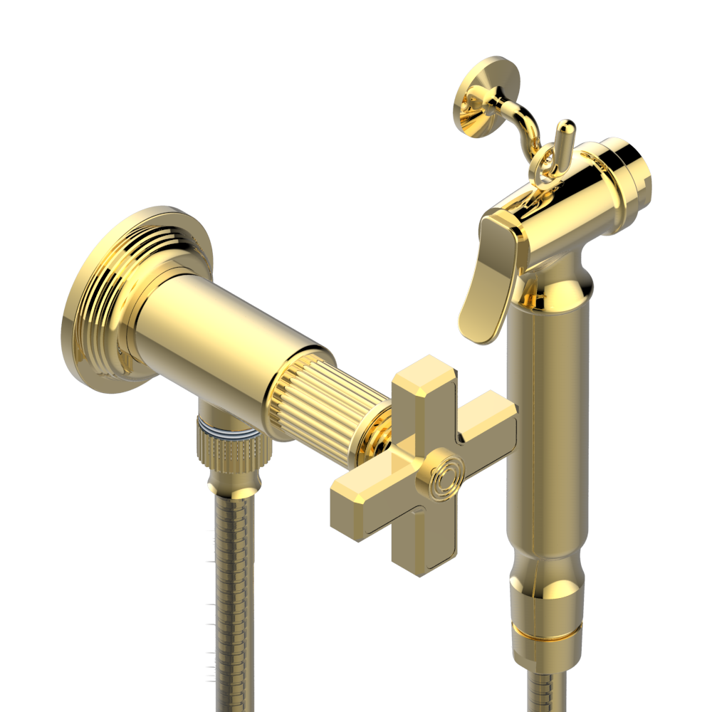 U9K-5840/8 Душ гигиенический: вентиль, 1.25 м шланг, крючок, вывод для душа и лейка с клапаном (возможны только следующие покрытия A02, B01,C01, D03, E02, F01, G01,G02) Thg-paris Grand central с металлическими ручками-крестиками Золото U9K 5840/8 CAT.F