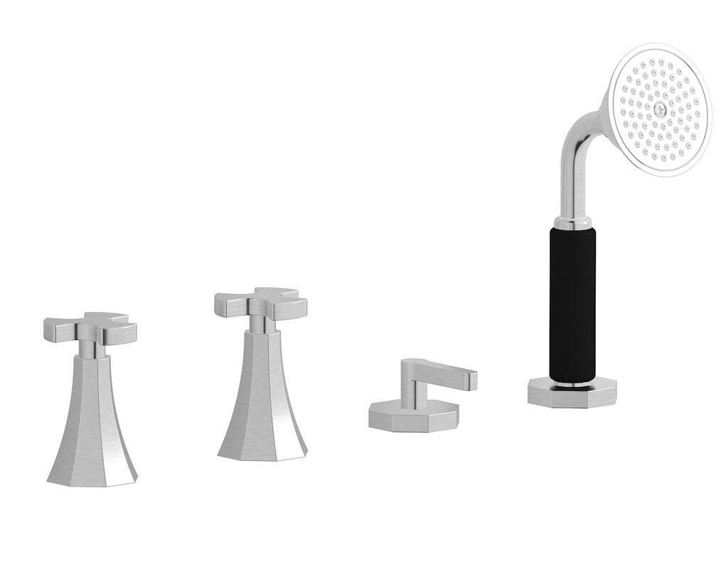 Смеситель на бортик ванной на 4 отверстия с изливом, дивертером и душевым гарнитуром. WE ARE IB bt397ss Brushed Nickel Belmondo 