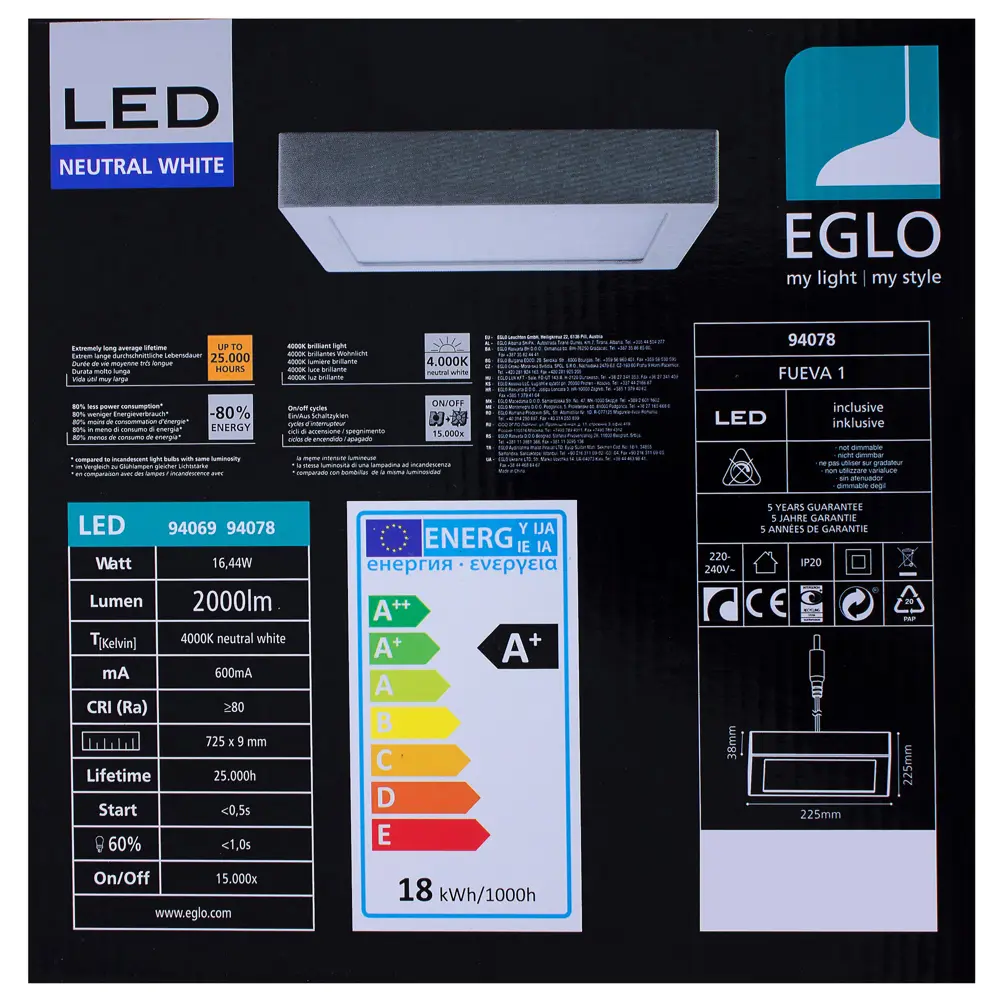 Панель светодиодная накладная Fueva 4000K 225х225 мм Eglo STLM-2143338 - Вид №3