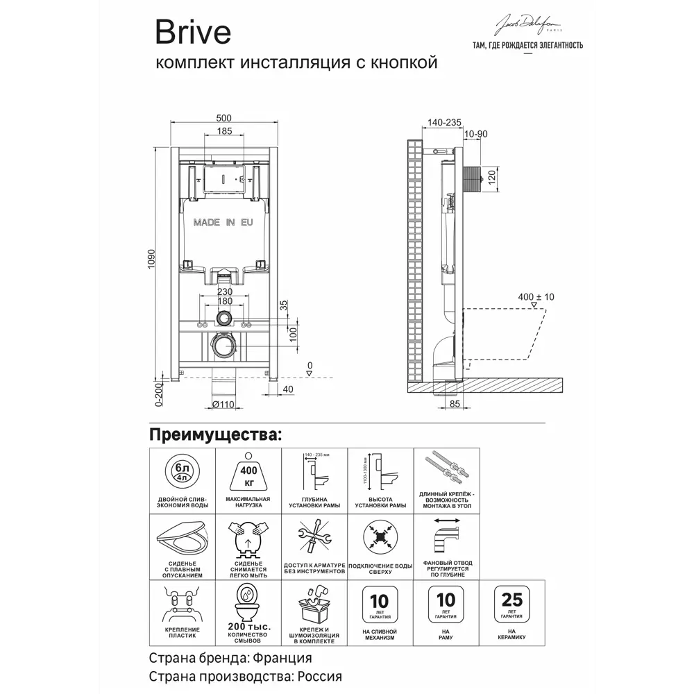 Комплект инсталляция с подвесным унитазом, кнопкой смыва и сиденьем с микролифтом Jacob Delafon Brive STLM-2157923 - Вид №2