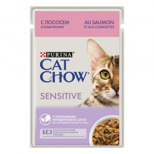 ПР0049781 Корм для кошек с чувствительным пищеварением, лосось с кабачками в соусе, пауч 85 г Cat Chow