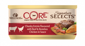 ПР0044880 Корм для кошек Core Signature Selects аппетитные кусочки говядины,кур.филе в соусе конс.79г Wellness