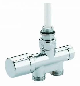 Carlo Poletti V81510E Клапан термостатический, одно/двухтрубный с by-pass и держателем, центральное подсоединение. Версия угловая с подключением медной или пластиковой трубы. Межосевое расстояние 40-50 мм.