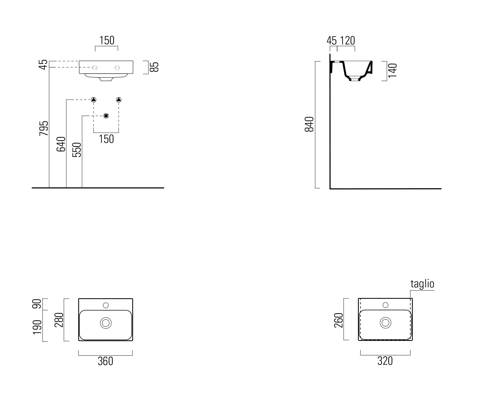Керамическая подвесная прямоугольная раковина с переливом GSI ceramica Nubes ARCH-00080872 - Вид №3