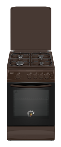 8192474 Газовая плита Kraft KF-FSK5403AGBR [63 см, эмал. сталь, конф.-4 шт, дух.-газовый, 58 л, эл-поджиг., реш.-сталь, крышка-металл, коричневый]