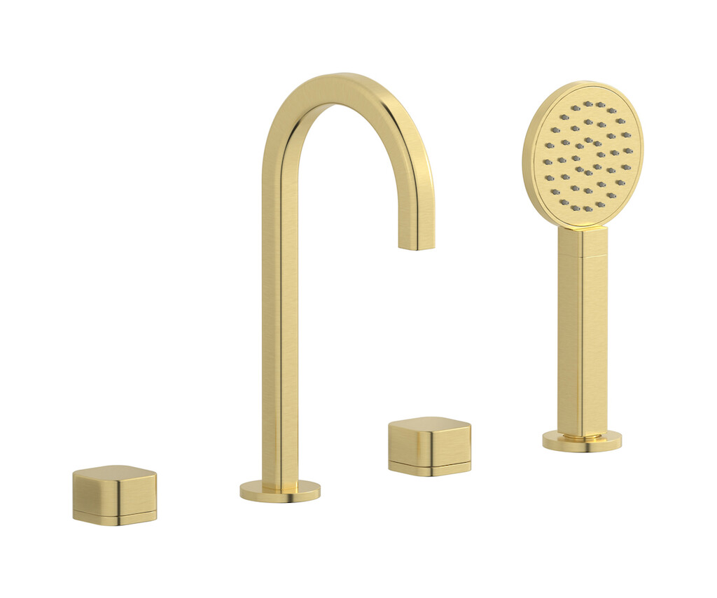 Смеситель на бортик ванной на 4 отверстий с дивертером и душевым гарнитуром. WE ARE IB eo396is_1 Brushed Pale Gold Elio