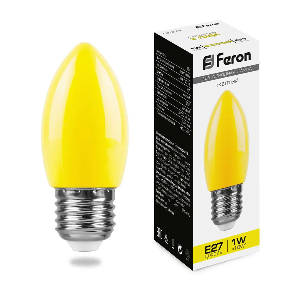 Лампа светодиодная Feron E27 LB-376 230 В 1 Вт свеча желтый цвет света STLM-2096095 - Вид №1