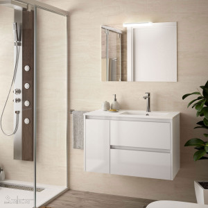 85058 SALGAR Комплект мебели для ванной NOJA 855 левая дверь WHITE GLOSS LACQUERED + Раковина + Зеркало + Свет Глянцевый белый