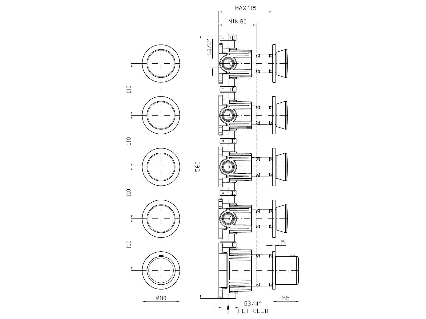Термостатический смеситель для душа из нержавеющей стали с 5 отверстиями Zucchetti Sablier ARCH-00149412 - Вид №2