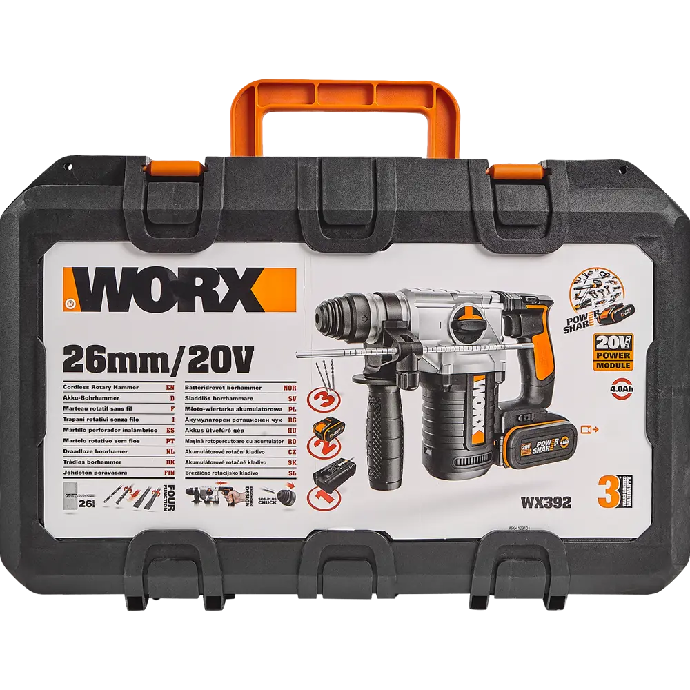 Перфоратор аккумуляторный SDS-plus Worx WX392, 20 В Li-ion 2x4 Ач, 2.2 Дж STLM-2159529 - Вид №8