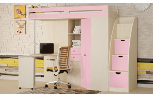58696QC Детская кровать-чердак М-85 + лестница-комод, розовый РВ-мебель