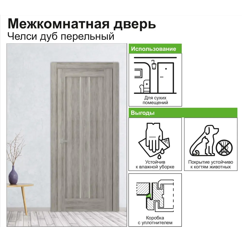 Дверь межкомнатная Челси глухая ламинация цвет дуб пепельный 80x200 см BELWOODDOORS STLM-2020095 - Вид №3