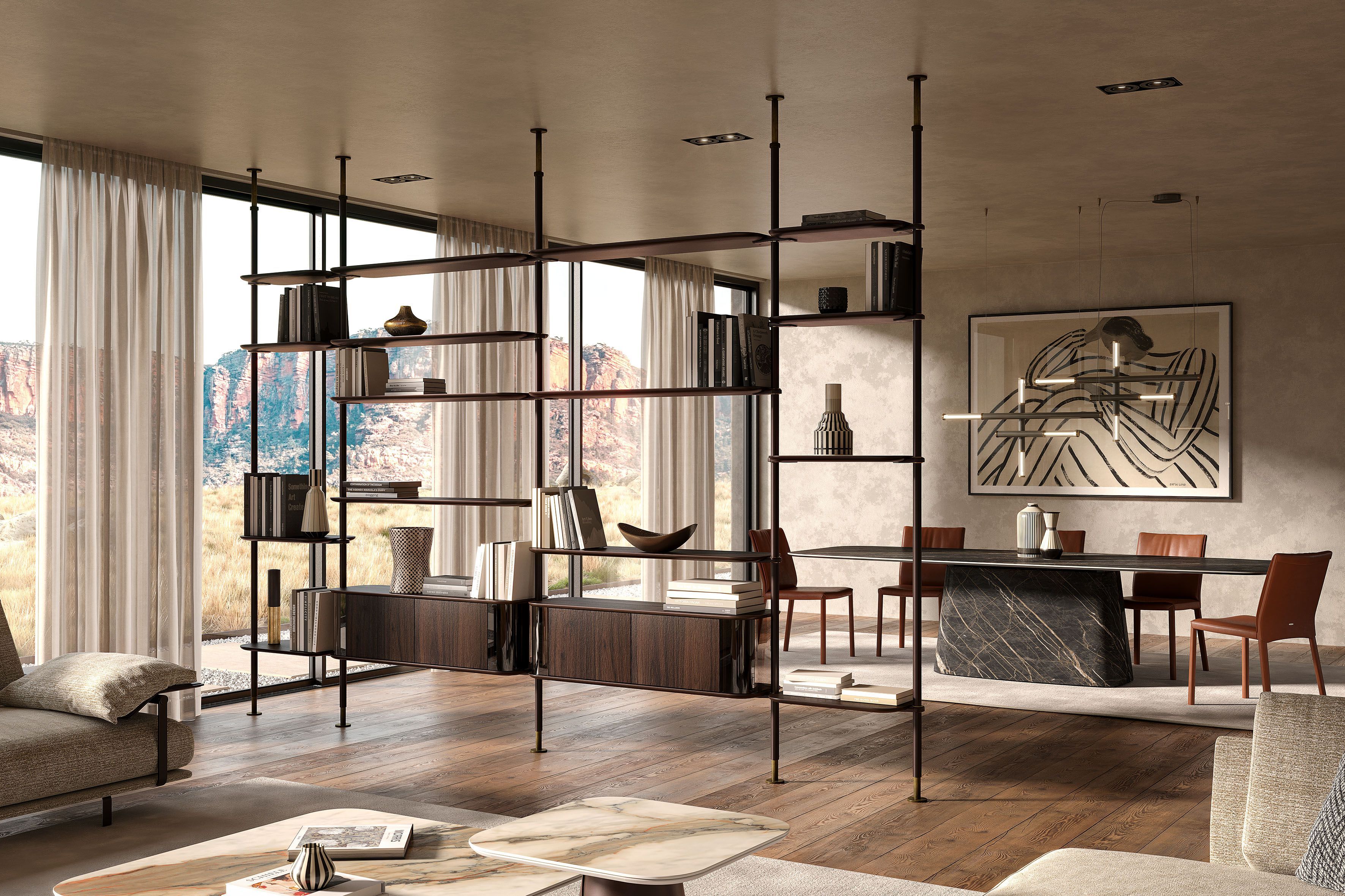 Модульный книжный шкаф из стали и дерева с креплением пол-потолок Cattelan italia HARBOUR ARCH-00063499 - Вид №1