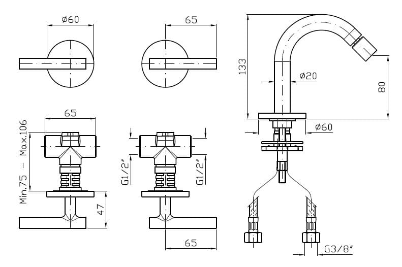 Смеситель для биде с 3 отверстиями и ограничителем расхода Zucchetti Pan S ARCH-00039679 - Вид №12