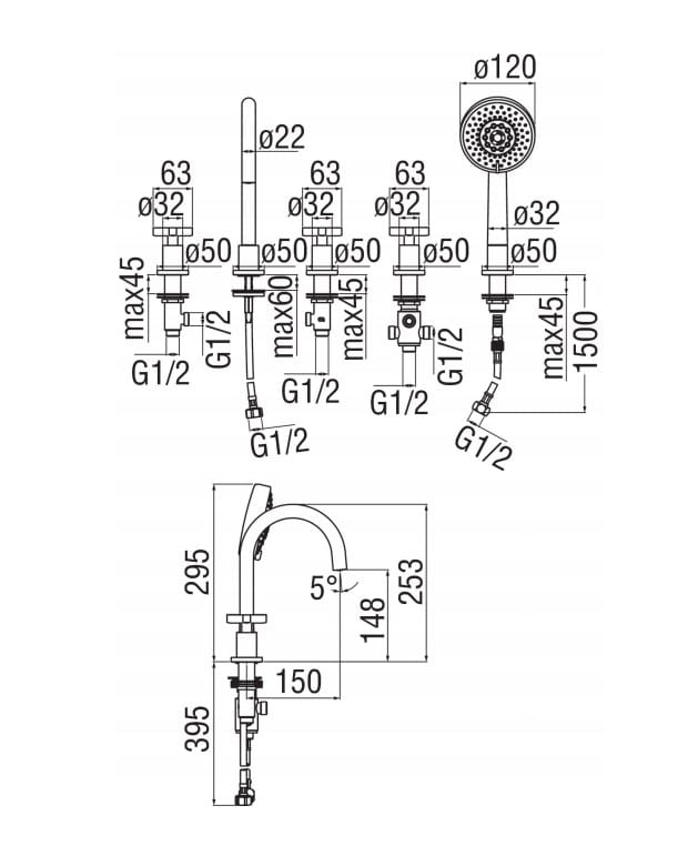 Набор для ванны с 5 отверстиями Nobili Лира ARCH-00041656 - Вид №2