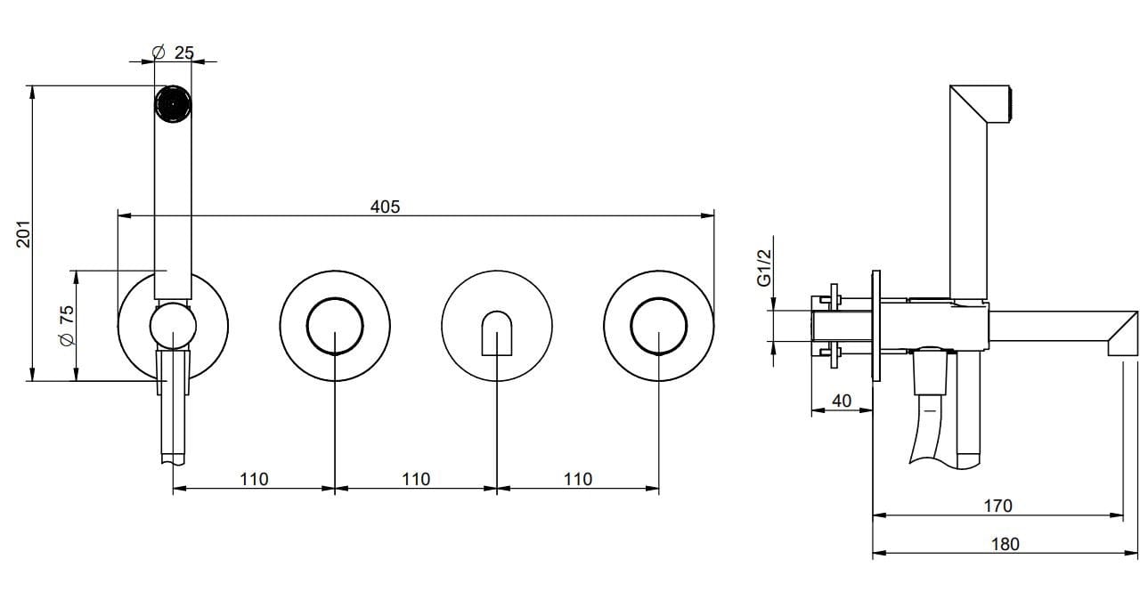Стальной настенный смеситель для ванны с ручным душем Rubinetterie Treemme 28 мм ARCH-00035440 - Вид №2