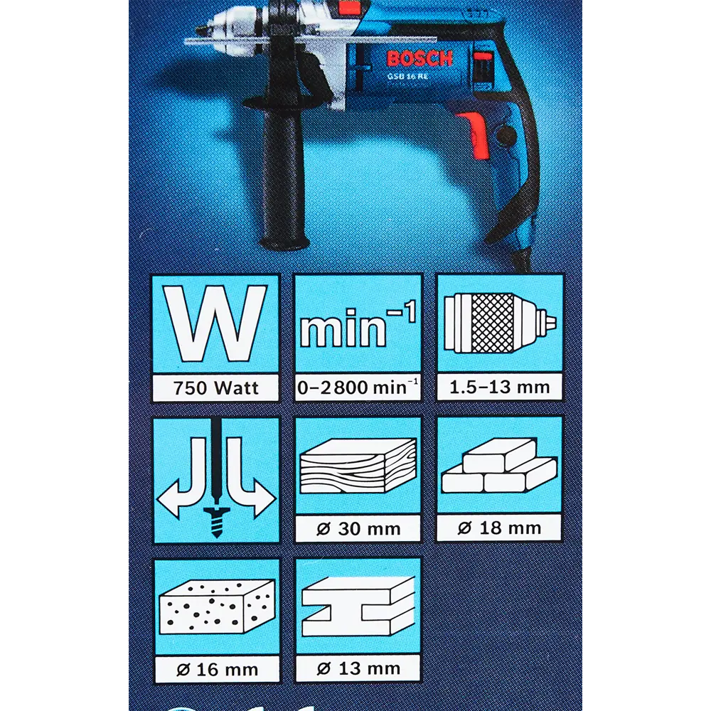 Дрель сетевая ударная Bosch GSB 16 RE 060114E500, 750 Вт BOSCH PROFESSIONAL STLM-2005489 - Вид №11