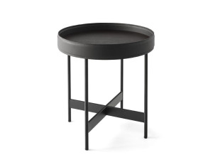 Круглый деревянный журнальный столик с кожаными деталями