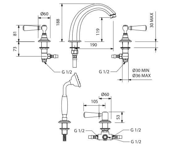 Набор ванн с 5 отверстиями с отдельными розетками Park Avenue Astaire ARCH-00055937 - Вид №2