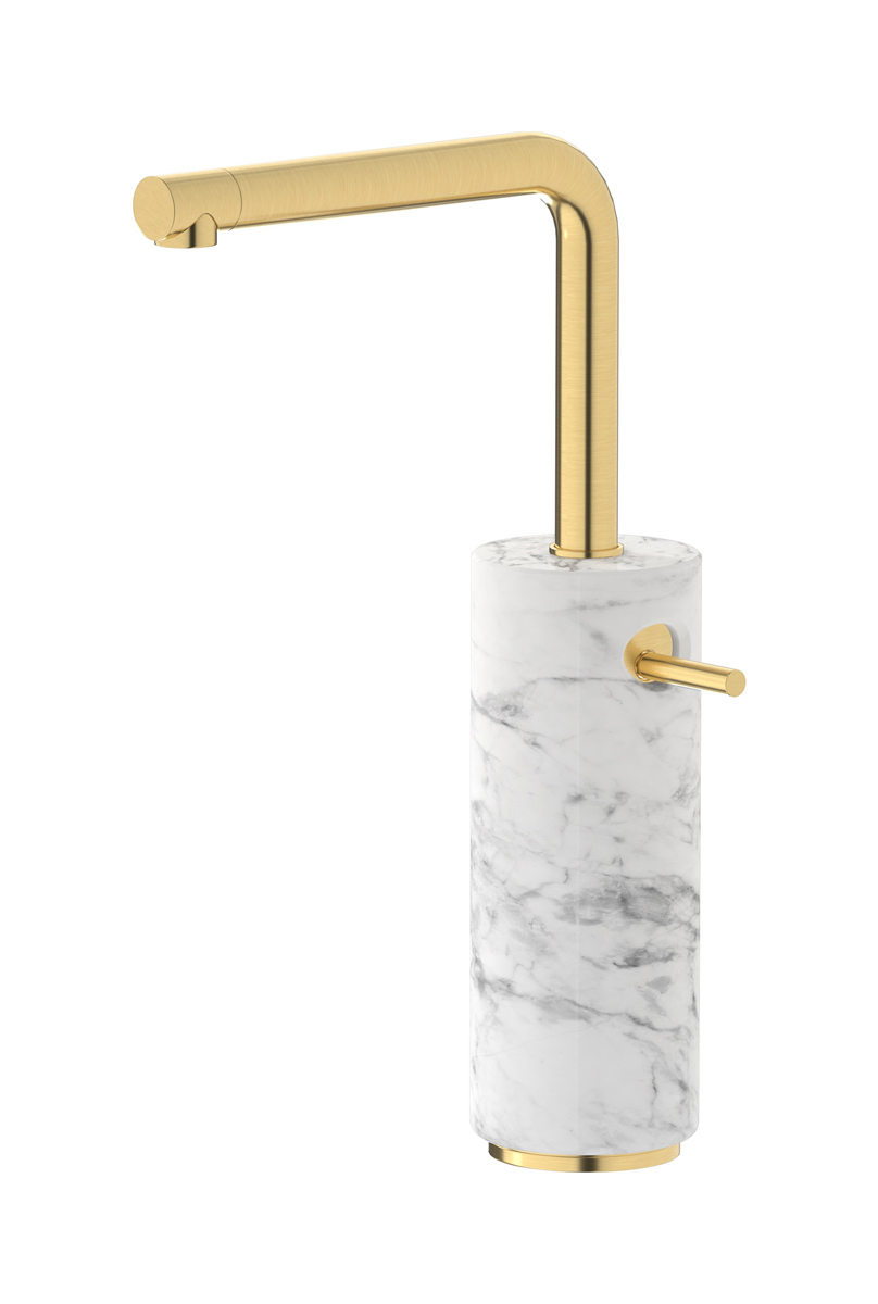 Высокий смеситель для раковины на 1 отверстие в комплекте с донным клапаном WE ARE IB mm202os_1 Brushed Gold Marmo