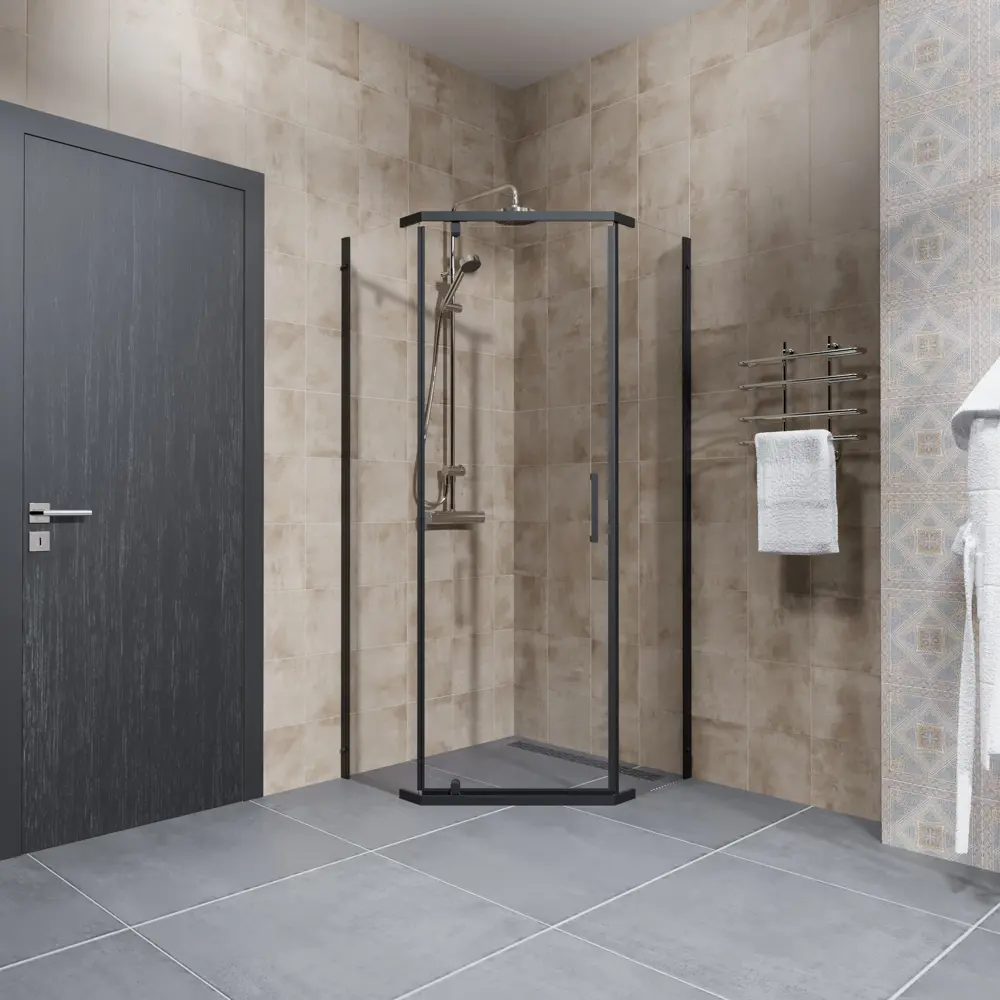 Душевая ширма Грета Triton пятиугольная 90x90x190см цвет профиля черный распашная стекло 6мм прозрачное 89441206 STLM-2008167 - Вид №3