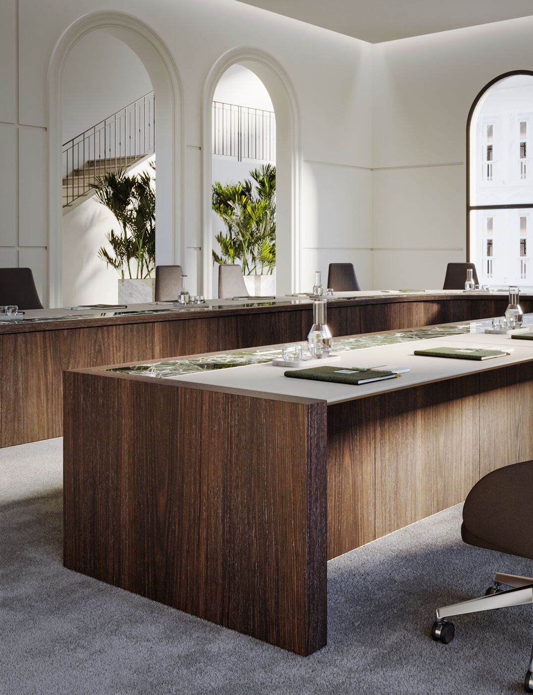 Стол для совещаний с деревянным шпоном и стеклянной и кожаной столешницей PROF Bespoke ARCH-00128249 - Вид №6