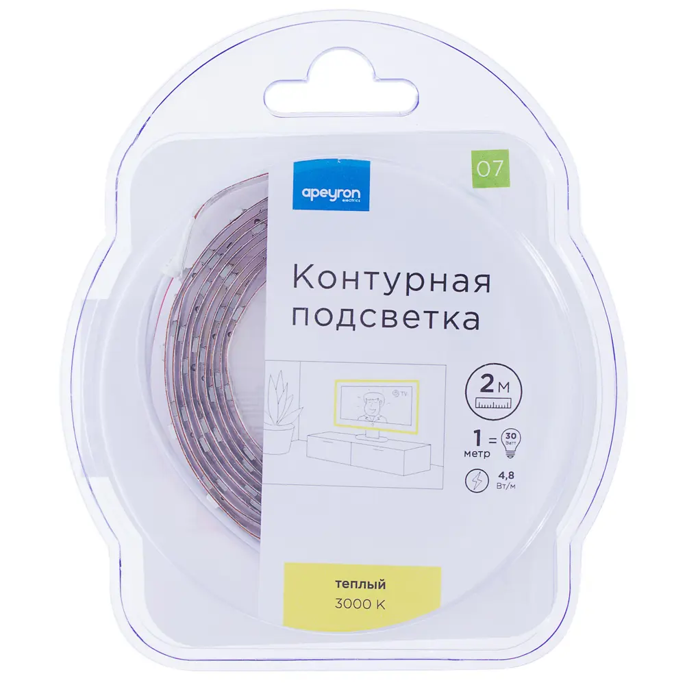 Светодиодная лента для контурной подсветки SMD 3528 60 диод/280 Лм/4.8 Вт/м 12 В IP20 2 м тёплый белый свет APEYRON STLM-2151836 - Вид №2