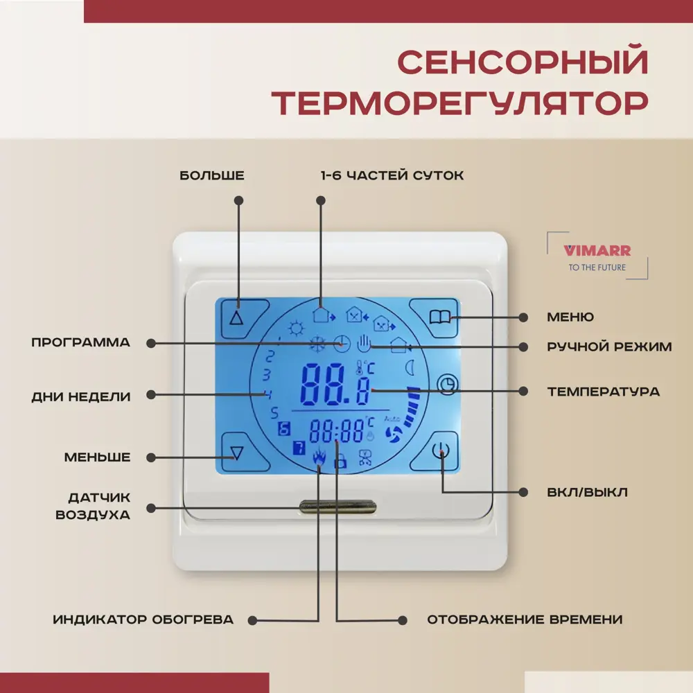 Нагревательный кабель для теплого пола Vimarr L 541L250KS14-220B-M1-21 14 м 252 Вт с белым программируемым сенсорным терморегулятором