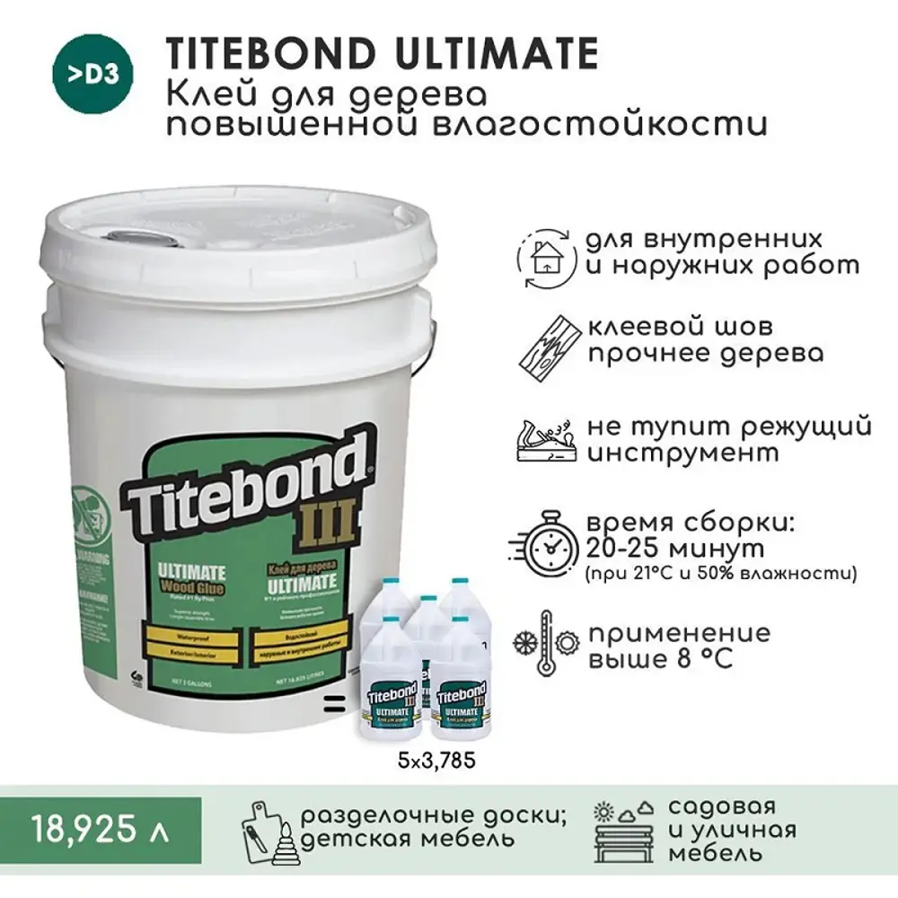 91637493 Клей столярный Titebond Ulimate III Wood Glue 18.9 л STLM-0853350