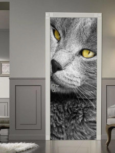 90225065 Наклейка интерьерная на дверь "Макро портрет красивого серого кота" самоклеящаяся 80х200 см STLM-0138873 МЕЧТАТЕЛЬ ДИЗАЙН