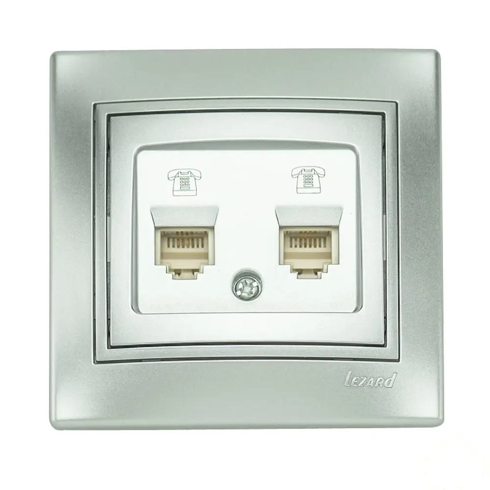 Розетка телефонная двойная, евро с вставками, серая металлик LEZARD Mira STLM-2091905