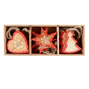Набор елочных украшений деревянных в подарочной коробке "Звезды, ели, сердца с красным ободком" Star ENJOYME  253088 Красный;разноцветный