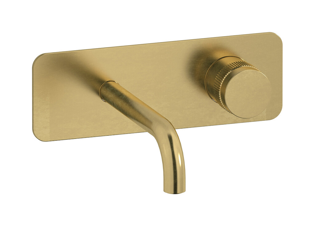 Настенный смеситель для раковины прогрессивный на 2 отверстия в комплекте с донным клапаном. WE ARE IB rx206on Natural Brass Reflex