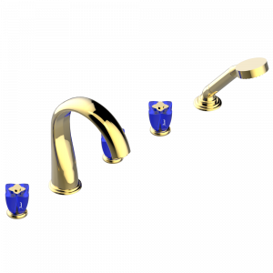 U6B-1132SG Смеситель устанавливаемый на борту ванны на 5 отверстий с душем, керамическим смесителем, 2 вентилями ¾" и изливом СУПЕР ГОЛИАФ Thg-paris Pétale de Cristal, синий хрусталь Покрытие PVD золотистый цвет