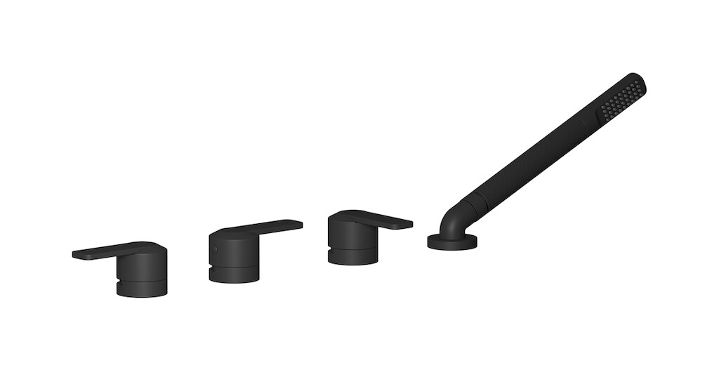 Смеситель на бортик ванной на 4 отверстия с изливом, дивертером и душевым гарнитуром. WE ARE IB c6397np Matt Black C-67