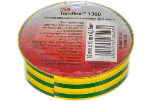 15926253 Изолента ПВХ Temflex 1300 желто-зеленая, рулон 15 мм x 10 м 7100081324 3М