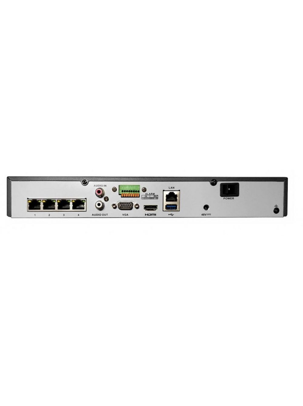 DS-7604NI-K1/4P 4-х канальный ip-видеорегистратор с poe, 1 vga, 1 hdmi, аудио 1/1, вх поток 40мб/с, исх поток 80мб/с, разреш записи до 8мп, синхр воспр 2 канала@4мп, 1 hdd 6тб, 4 poe, 1 rj45, 2 usb, -10...+55°c, dc48в Hikvision Santreyd  - Вид №1
