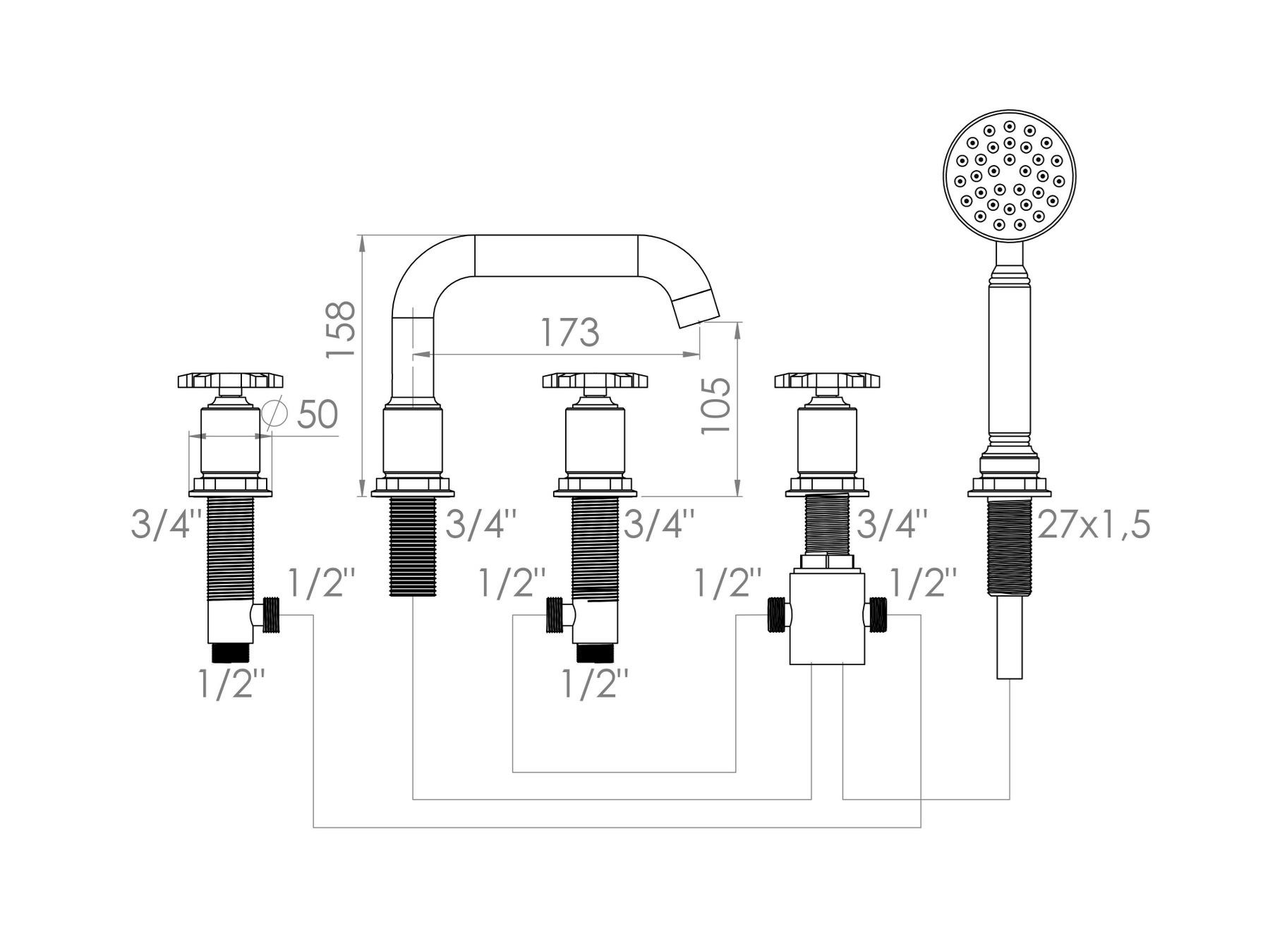 Набор для ванны с 5 отверстиями и ручным душем rvb FLAMANT FACTORY ARCH-00050037 - Вид №1