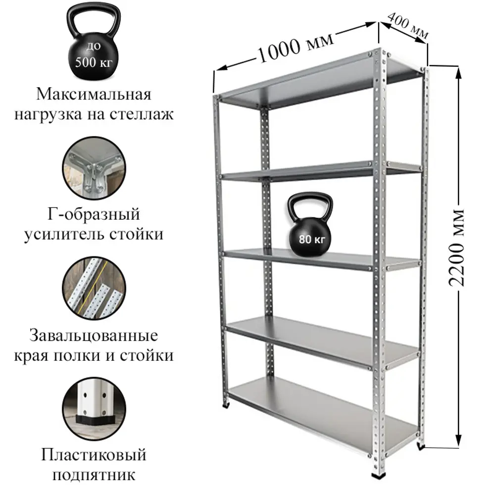 Стеллаж Ironmebel 100x220x40 см металл цвет серый нагрузка на полку до 80 кг