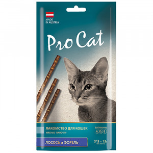 ПР0018946 Лакомство для кошек Лакомые палочки лосось, форель 13,5см 5г*3шт 15г Pro Cat