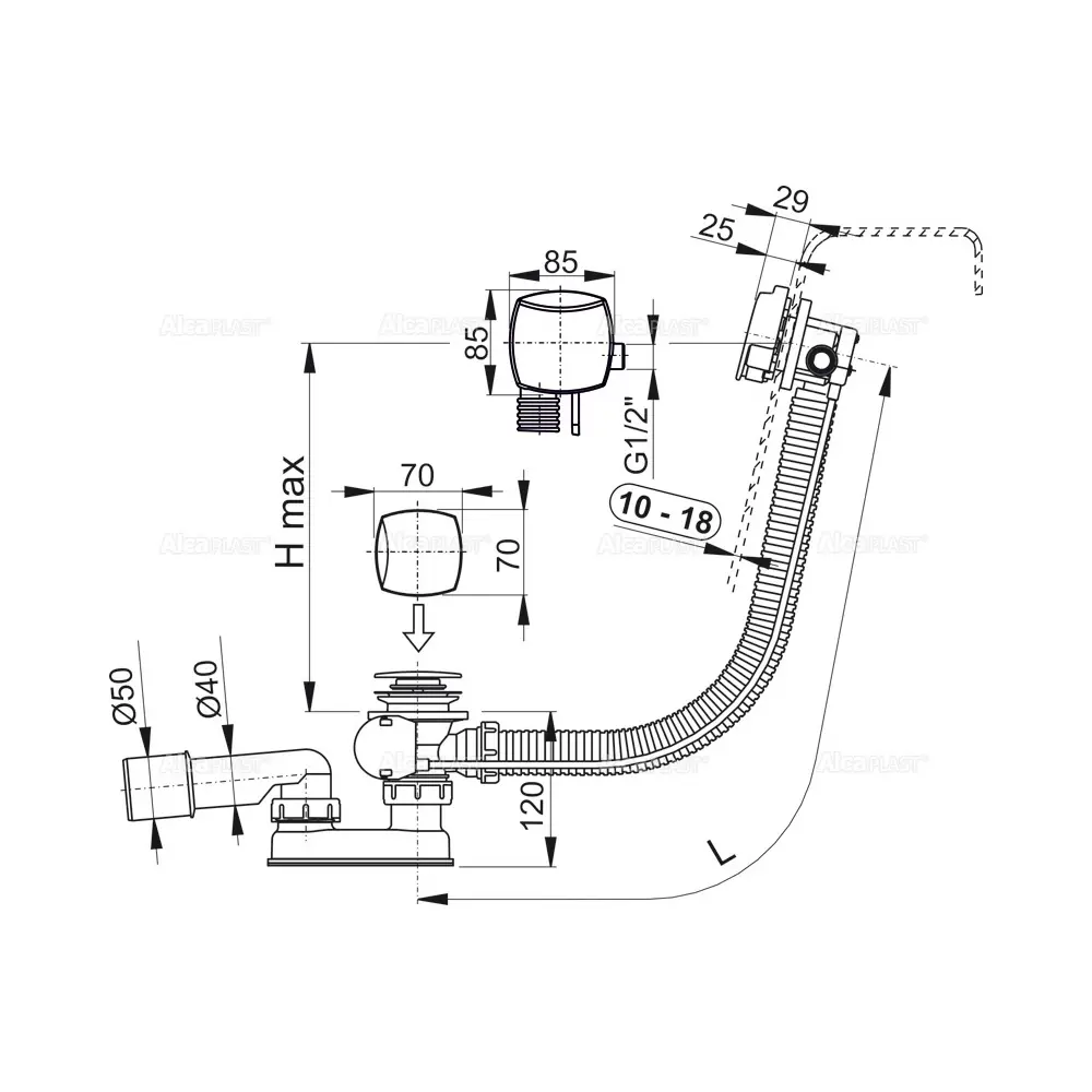 Слив-перелив для ванны Alcaplast A565CRM3-120 без выпуска Ø40 мм