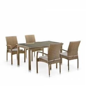 Мебель из ротанга, прямоугольный стол 140х80 см и стулья с подлокотниками, коричневые на 4 персоны AFINA  00-3860484 Коричневый
