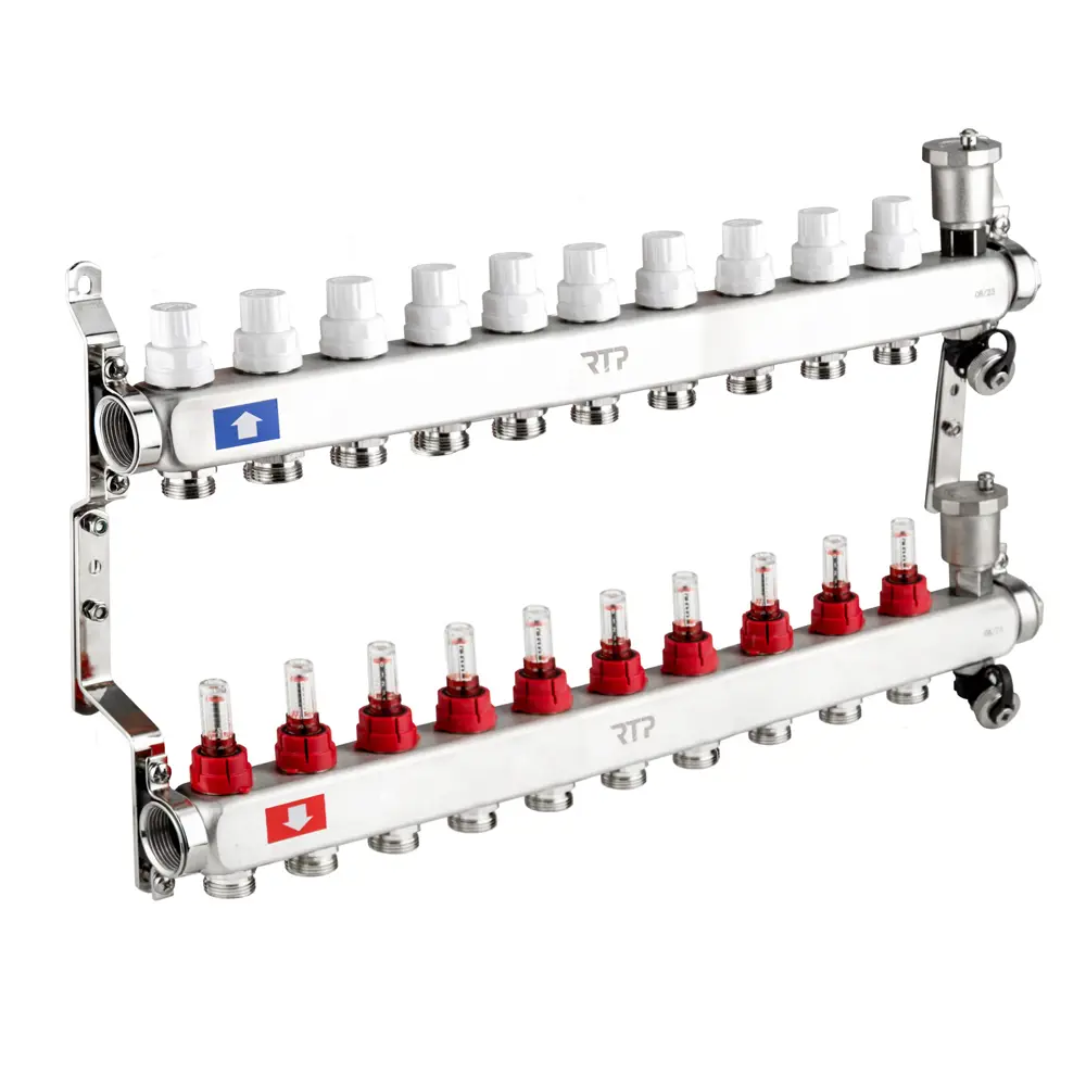 Коллекторная группа для теплого пола RTP 42502 1"x3/4" евроконус 10 выходов нержавеющая сталь