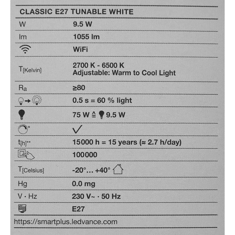 Набор умных ламп светодиодных Wi-Fi Osram Smart Plus E27 220-240 В9.5 Вт груша матовая 1055 лм изменение оттенков белого 3 шт LEDVANCE STLM-2212151 - Вид №7