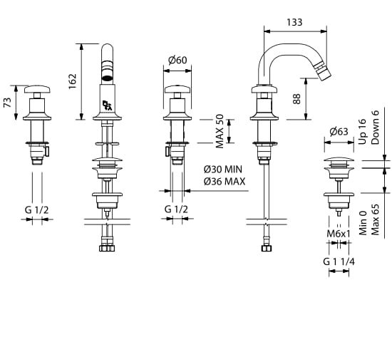 Смеситель для биде с 3 отверстиями для пола с отдельными розетками Park Avenue Cross ARCH-00132121 - Вид №2